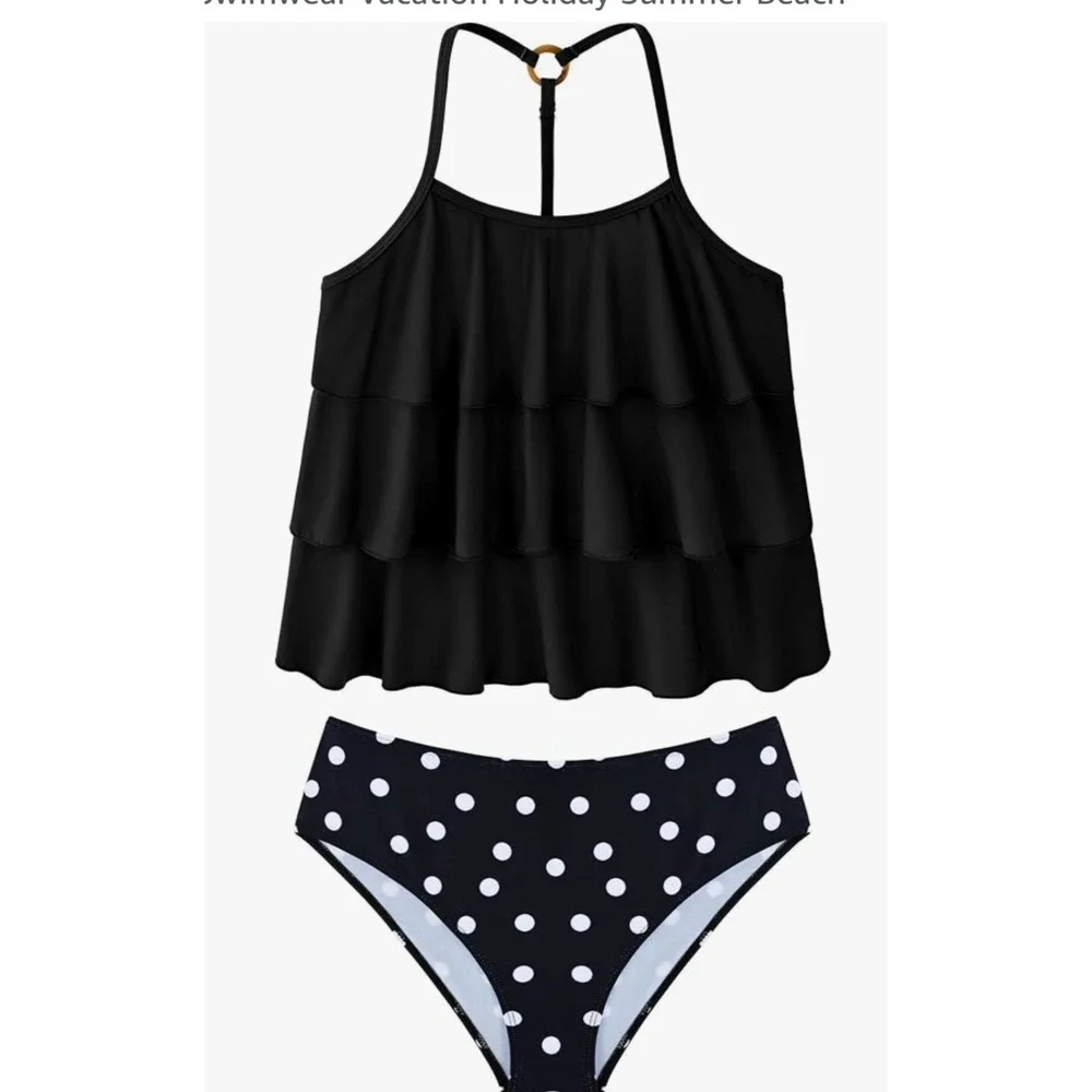 NWT UIQUR Tankini Swimsuit Kids 11-12Y Black Polka Dot New Ruffle Tiered Set